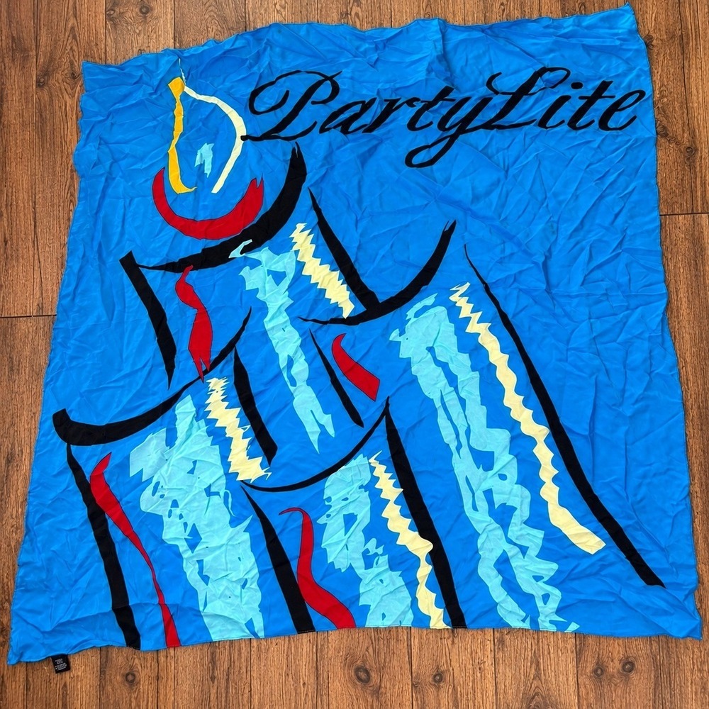 VTG PartyLite Blue Abstract Graphic Print 100% Silk Square Scarf Retro